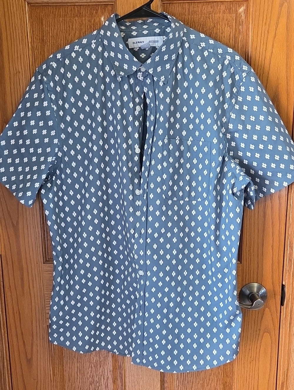 Old Navy Blue Short-Sleeve Button-Down with White Micro-Pattern